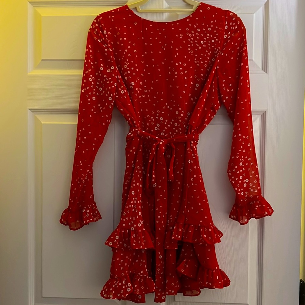 Red flare long sleeve dress